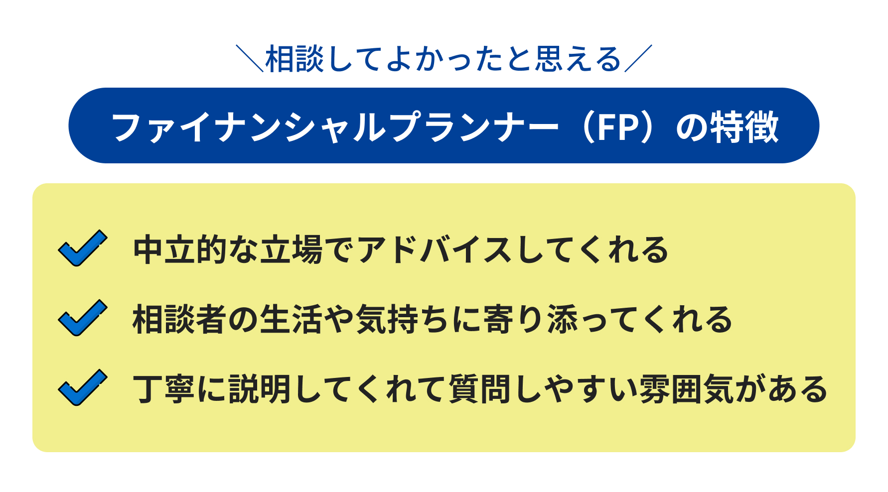 相談してよかったと思えるファイナンシャルプランナー(FP)の特長の説明