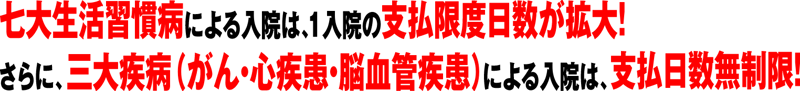 七大生活習慣病による入院は、1入院の支払限度日数が拡大！さらに、三大疾病（がん・心疾患・脳血管疾患）による入院は、支払日数無制限！