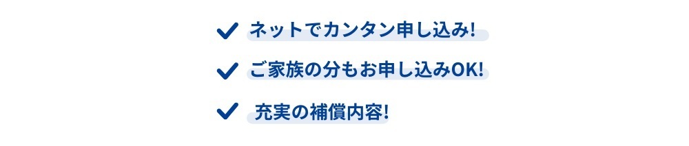 ネットで簡単申し込み、ご家族の分も申し込みOK、充実の補償内容