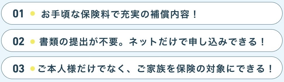 お手頃な保険料で充実の補償内容、書類の提出が不要。ネットだけで申し込みできる！ご本人様だけでなく、ご家族を保険の対象にできる！