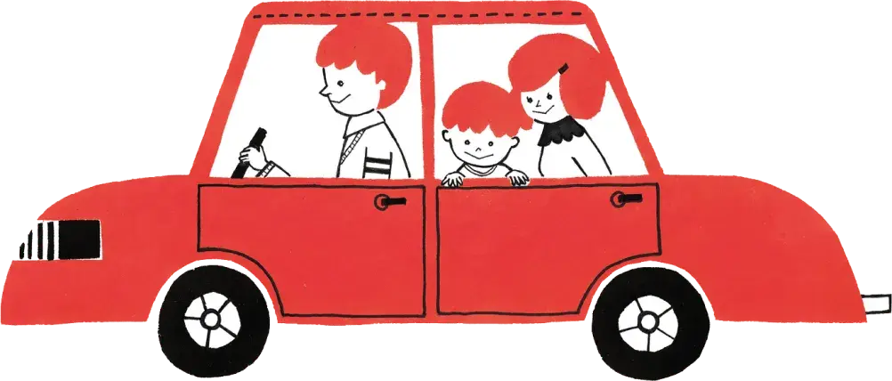 家族で赤い車に乗っているイラスト