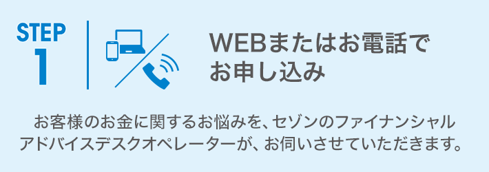 STEP1「WEBまたはお電話でお申し込み」お客様のお金に関するお悩みを、セゾンのファイナンシャルアドバイスデスクオペレーターが、お伺いさせていただきます。