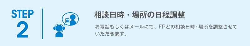 STEP2「相談日の日程調整」お電話もしくはメールにて、FPとの相談日程を調整させていただきます。