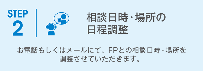 STEP2「相談日の日程調整」お電話もしくはメールにて、FPとの相談日程を調整させていただきます。