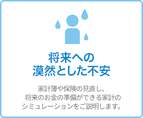 将来への漠然として不安 - 家計簿や保険の見直し、将来のお金の準備ができる家計のシミュレーションをご説明します。 