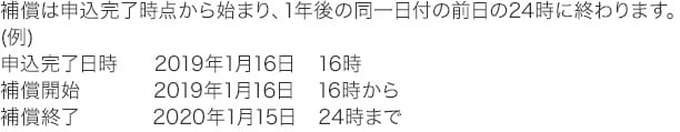 補償は申込完了時点から始まり、1年後の同一日付の24時に終わります