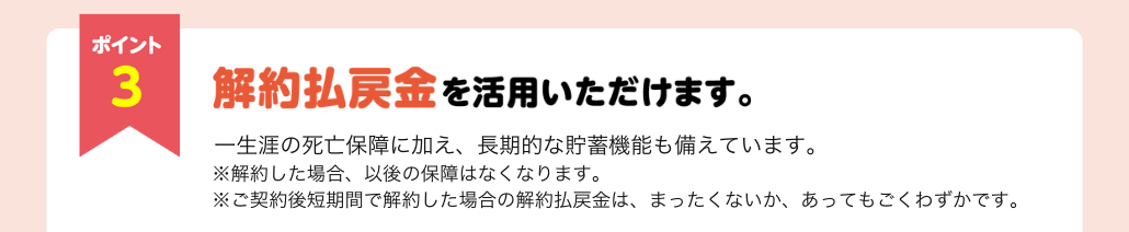 ポイント3 解約払戻金も活用いただけます。一生涯の死亡保障に加え、長期的な貯蓄機能も備えています。 ※解約した場合、以後の保障はなくなります。 ※ご契約後短期間で解約した場合の解約払戻金は、まったくないか、あってもごくわずかです。 ポイント3 解約払戻金も活用いただけます。一生涯の死亡保障に加え、長期的な貯蓄機能も備えています。 ※解約した場合、以後の保障はなくなります。 ※ご契約後短期間で解約した場合の解約払戻金は、まったくないか、あってもごくわずかです。