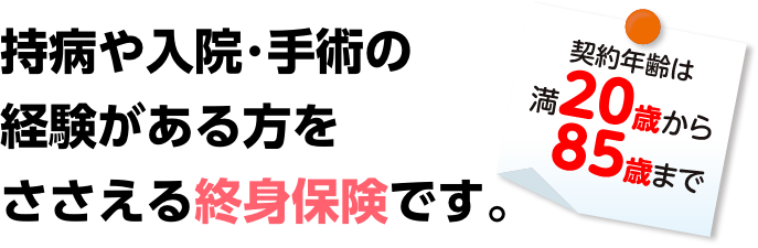 持病や入院･手術の経験がある方をささえる終身保険です。契約年齢は満20歳から85歳まで