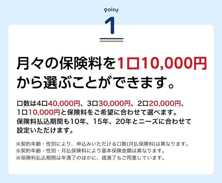 月々の保険料を1口10,000円から選ぶことができます。